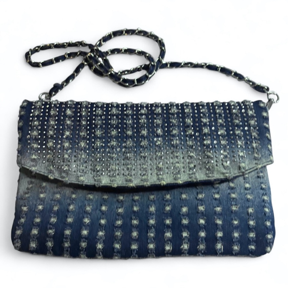 Denim Blue Ombré Studded Distressed Crossbody Bag